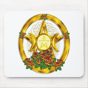 Mousepad Ouro pagão do Pentacle de Wiccan com rosas