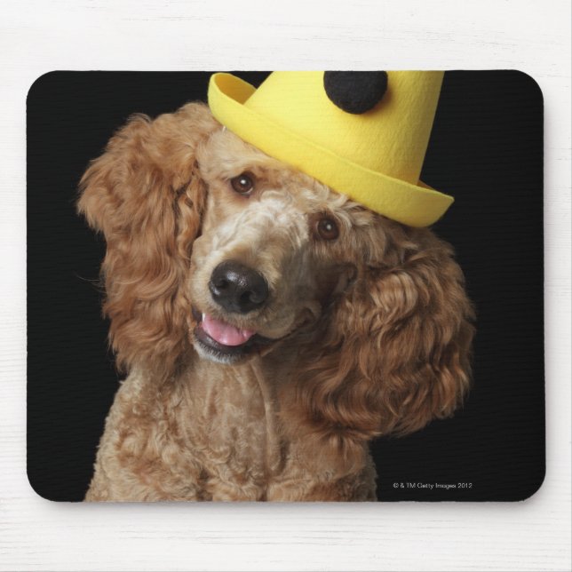 Mousepad Ouro Poodle Dog vestindo um chapéu amarelo de palh (Frente)