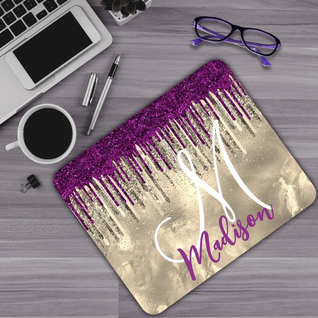 Mousepad Ouro quico, monograma com brilho roxo rosa quente (Criador carregado)