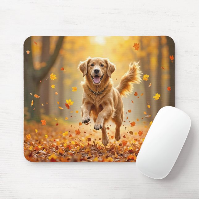Mousepad Ouro Retriever Correndo Em Florestas De Outono (Com mouse)