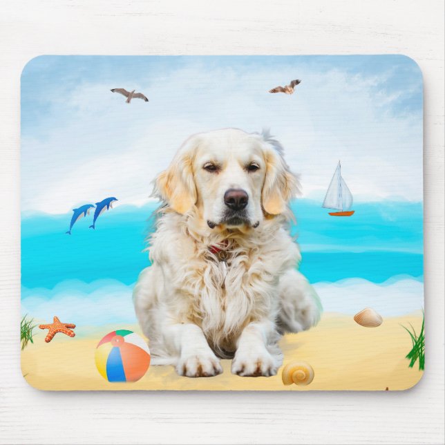 Mousepad Ouro Retriever Dog na praia (Frente)