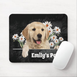 Mousepad Ouro Retriever e margarida no couro preto