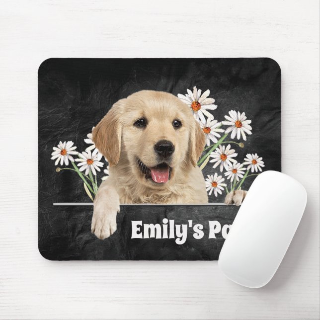 Mousepad Ouro Retriever e margarida no couro preto (Com mouse)