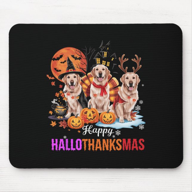 Mousepad Ouro Retriever Happy Hallothanksmas Halloween (Frente)