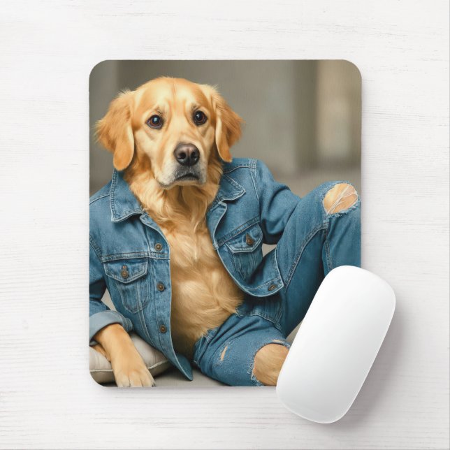 Mousepad Ouro Retriever Posicionando em Jeans Azuis (Com mouse)