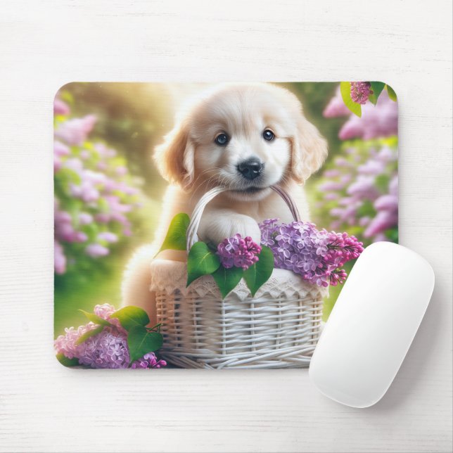 Mousepad Ouro Retriever Puppy Com Cesto Lilar (Com mouse)