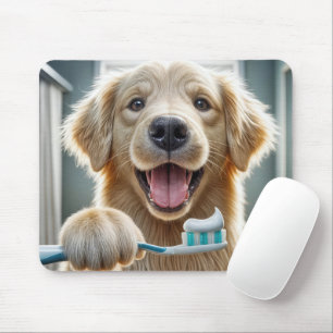 Mousepad Ouro Retriever segurando escova de dentes