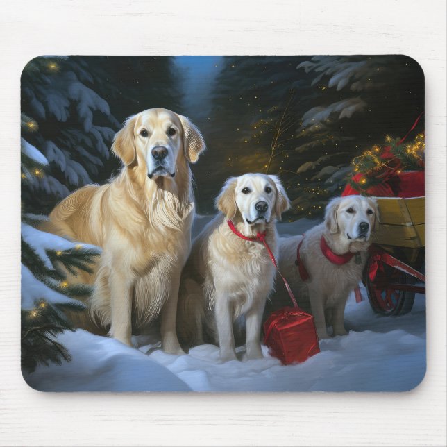 Mousepad Ouro Retriever Snowy Sleigh Decência de Natal (Frente)