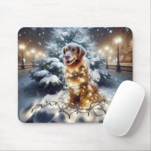 Mousepad Ouro Retriever Tangido Em Luzes De Natal