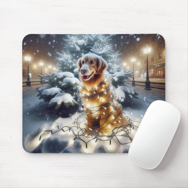 Mousepad Ouro Retriever Tangido Em Luzes De Natal (Com mouse)