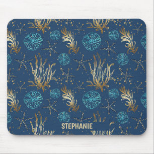 Mousepad Ouro Starfish e Coral Reef Patterno em Azul