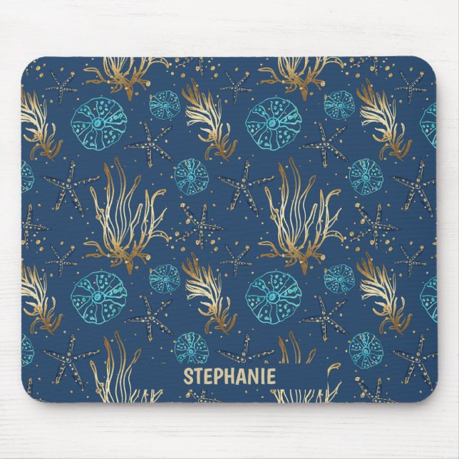 Mousepad Ouro Starfish e Coral Reef Patterno em Azul (Frente)