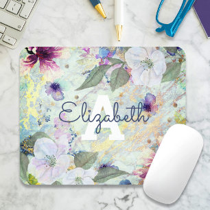 Mousepad Ouro verde floral aquarela monograma nome vintage