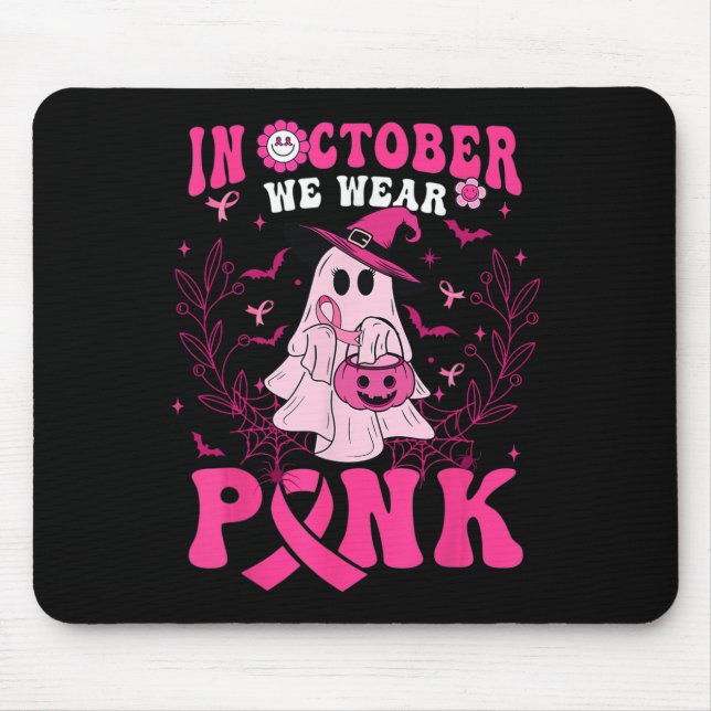 Mousepad Outubro Vestimos Camisa Rosa Ghost Halloween Mama (Frente)