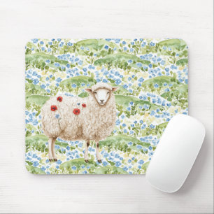 Mousepad Ovelhas Papoulas Vermelhas Campo De Flores Azuis