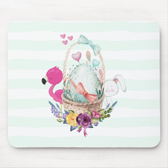 Mousepad Ovo bonito numa cesta com Flamingo e Bunny (Frente)