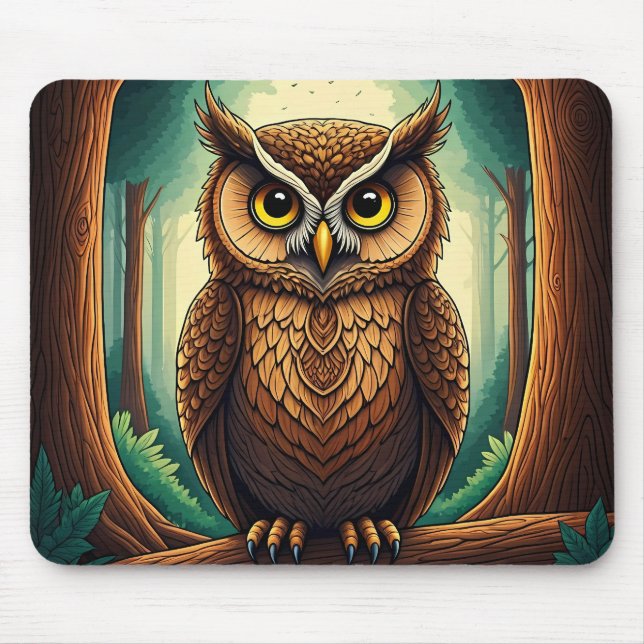 Mousepad Owl perched on a tree log in a forest (Frente)