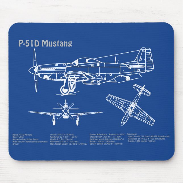 Mousepad P-51D Mustang - Airplane Blueprint AD (Frente)