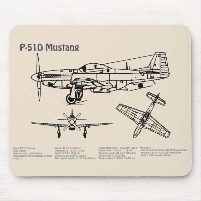 Mousepad P-51D Mustang - Avião Blueprint SD (Frente)