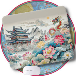 Mousepad PAD DE MOUSE - Um dragão, uma Pagoda e um jardim d