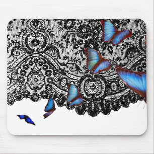 MOUSEPAD PÁD DO MOUSE PRETO DE BOTTERFLIES AZUIS LACE