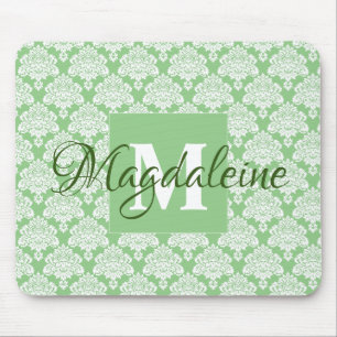 Mousepad Pad do mouse verde Sage Damask com monograma e nom