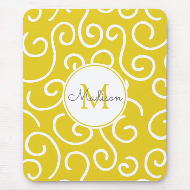 Mousepad Padrão Amarelo e Branco alegre com monograma (Frente)