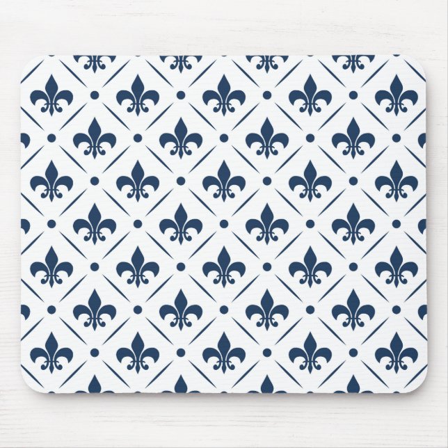 Mousepad Padrão azul escuro Fleur De Lis sobre fundo branco (Frente)
