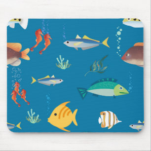Mousepad Padrão Azul Ilustrado de Peixe e Cavalo-Marinho Mo