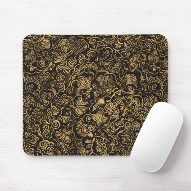 Mousepad Padrão Barroco Floral Dourado em Preto (Com mouse)