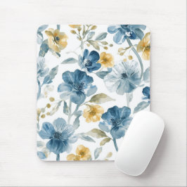 Mousepad Padrão Botânico de Flores de Jardim Azuis e Amarel