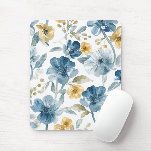 Mousepad Padrão Botânico de Flores de Jardim Azuis e Amarel (Com mouse)