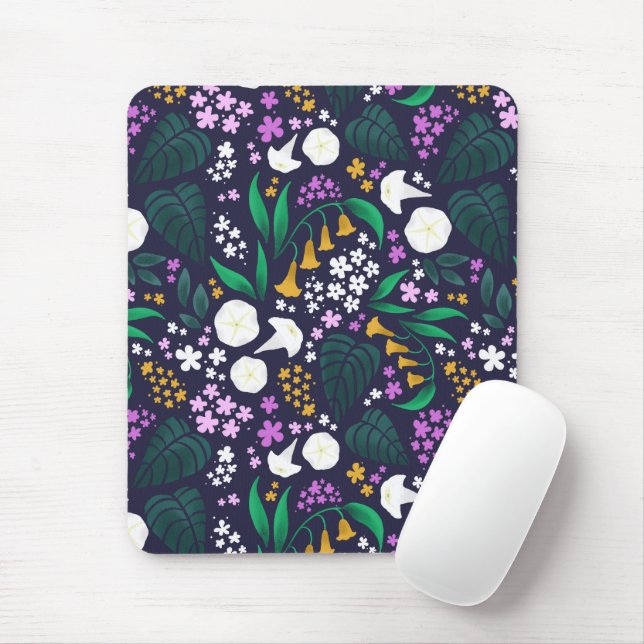 Mousepad Padrão Botânico Floral do Jardim da Lua Noturna (Com mouse)