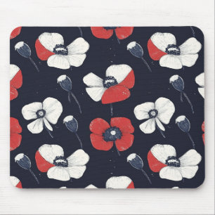 Mousepad Padrão branco de papoula com acentos vermelhos e a
