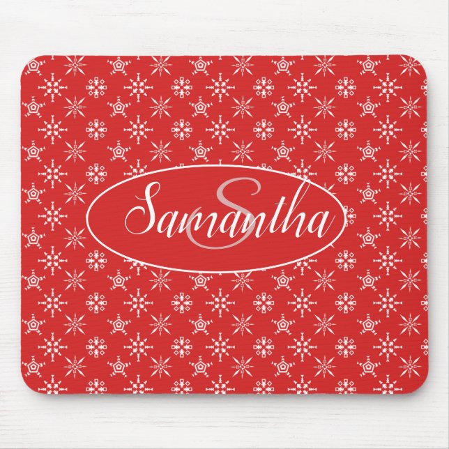 Mousepad Padrão Branco Vermelho Monograma Elegante (Frente)