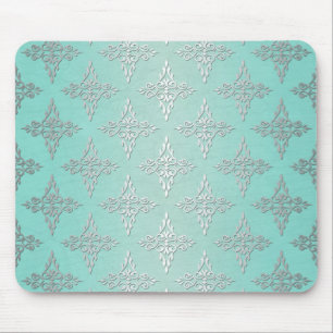 Mousepad Padrão Damask em Verde Água e Branco Prateado