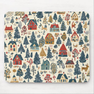 Mousepad Padrão de Aldeia de Natal Woodland Vermelho Marinh