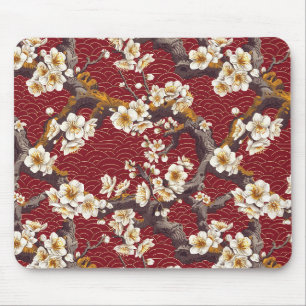 Mousepad Padrão de ameixa japonesa em creme coral burgundy