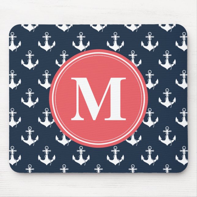 Mousepad Padrão de âncora azul Marinho monograma (Frente)