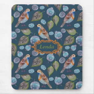 Mousepad Padrão de Aquarela de Aves Azuis