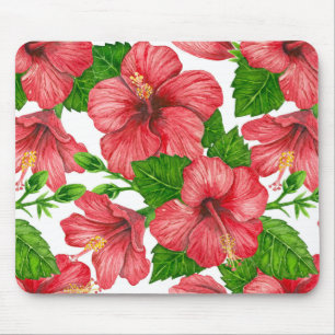 Mousepad Padrão de aquarela de hibisco vermelho