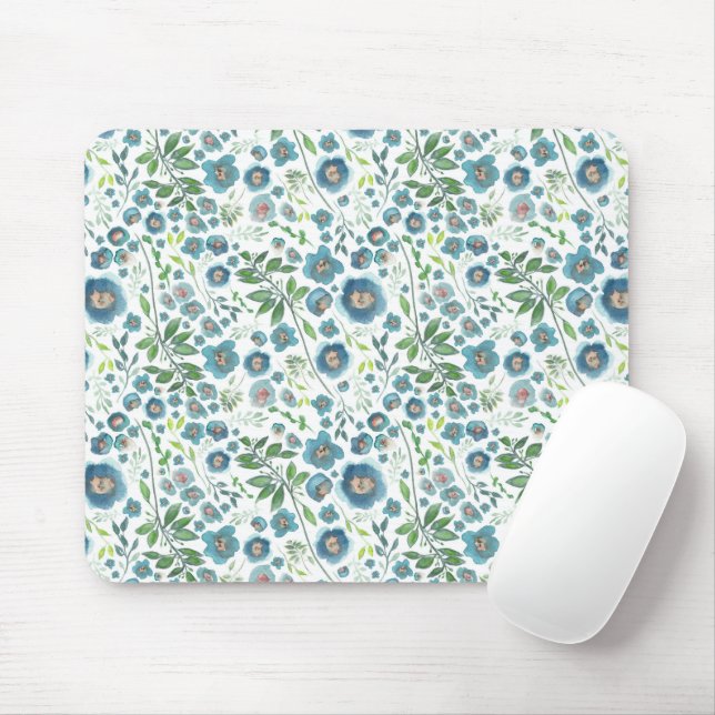 Mousepad Padrão de Aquarela Floral Azul Elegante (Com mouse)