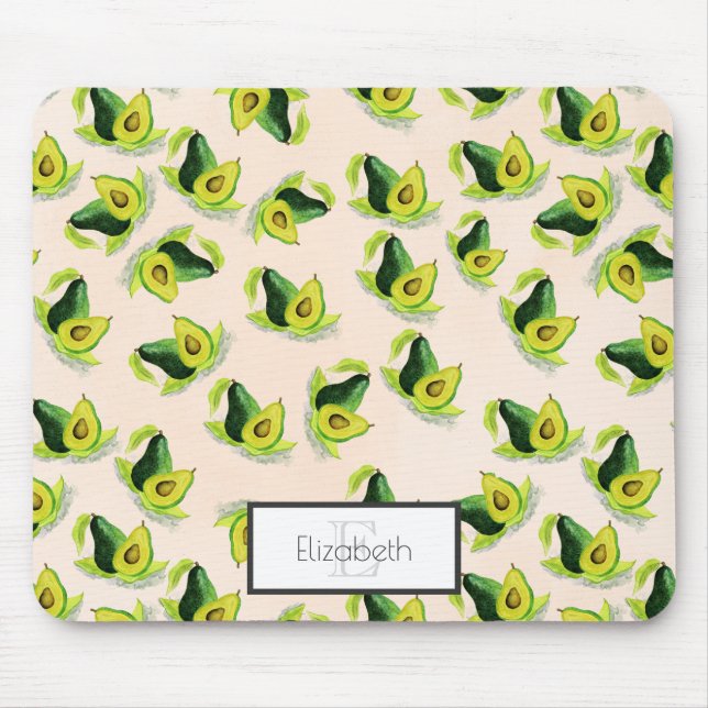 Mousepad Padrão de Aquarela Verde Avocados com Monograma (Frente)
