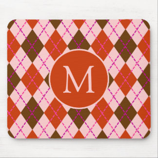 Mousepad Padrão de Argyle Vermelho Rosa e Marrom Monograma