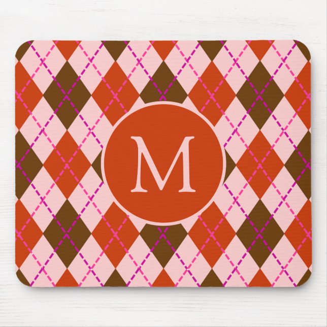 Mousepad Padrão de Argyle Vermelho Rosa e Marrom Monograma (Frente)