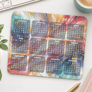 Mousepad Padrão de Arte Marmorizada Colorida Calendário 202