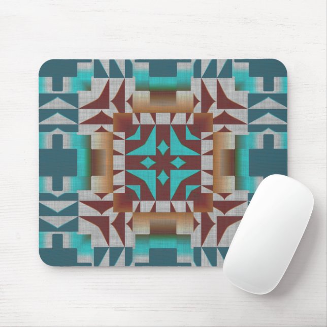 Mousepad Padrão de Arte Mosaica Tribal de Turquesa Vermelha (Com mouse)