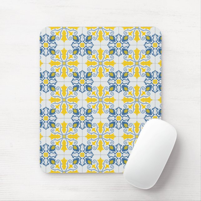 Mousepad Padrão de azulejos bonito portugueses azuis e amar (Com mouse)