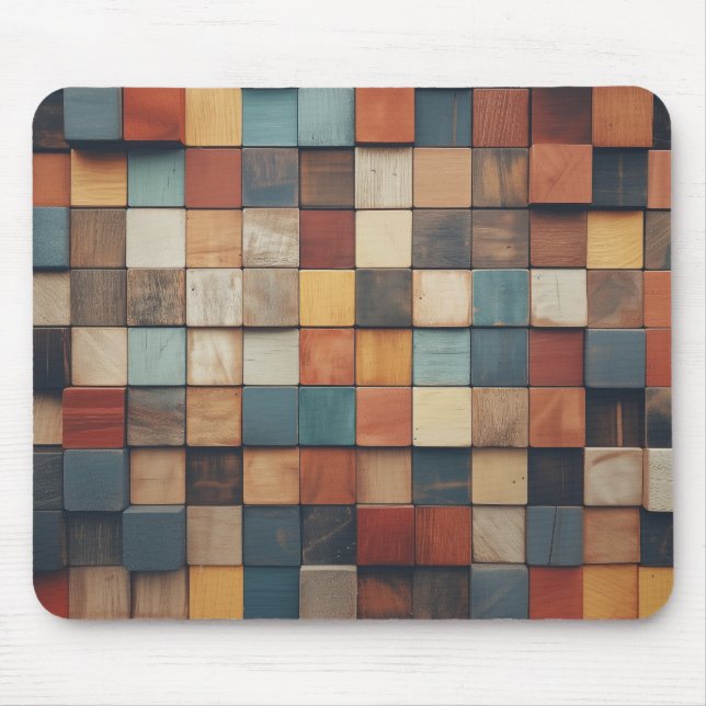 Mousepad Padrão de Blocos de Madeira Coloridos Rústicos (Frente)