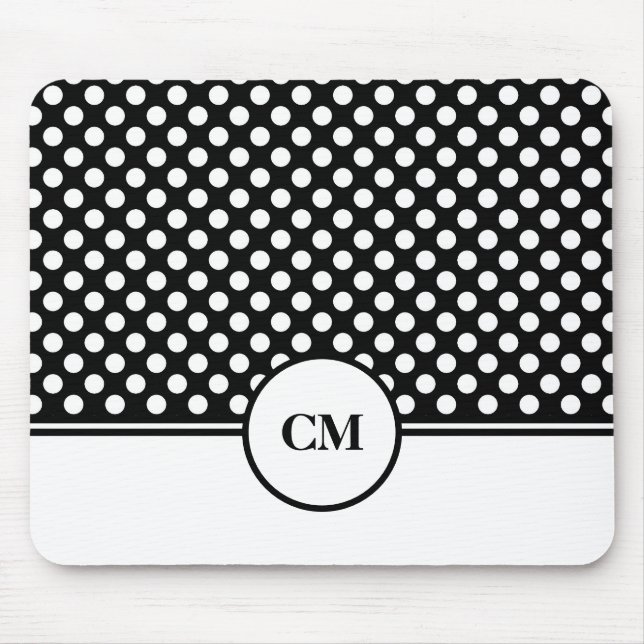 Mousepad Padrão de bolinhas pretas e brancas com monograma (Frente)